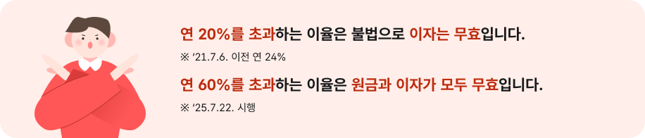 연 20%를 초과하는 이율은 불법으로 이자는 무효입니다. ※ 21.7.6. 이전 연 24%, 연 60%를 초과하는 이율은 원금과 이자가 모두 무효입니다. ※ 25.7.22 시행